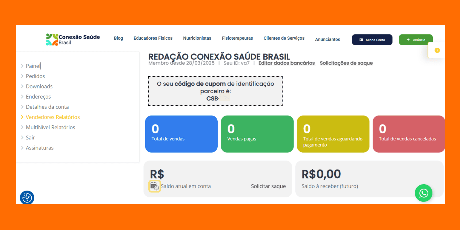 TELA ÁREA AFILIADOS CONEXÃO SAÚDE BRASIL