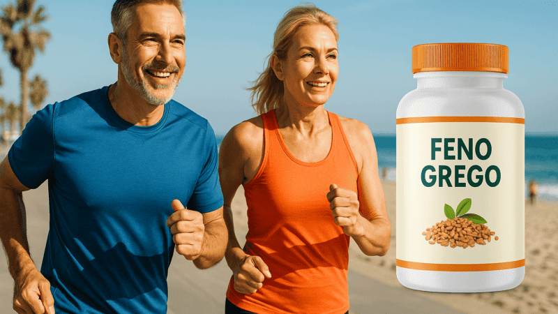 Loja Produto Feno Grego 2 Casal meia idade correndo praia -post feno grego