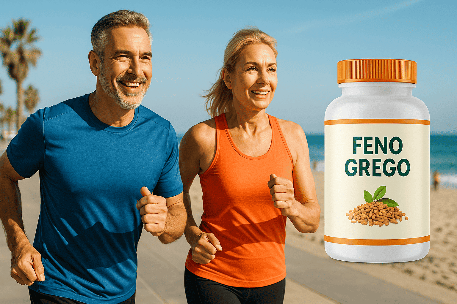 Casal meia idade correndo praia -post feno grego