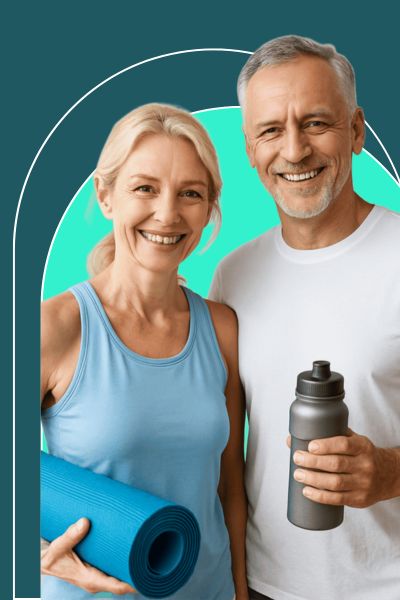 Casal meia idade roupa de ginastica fundo azul
