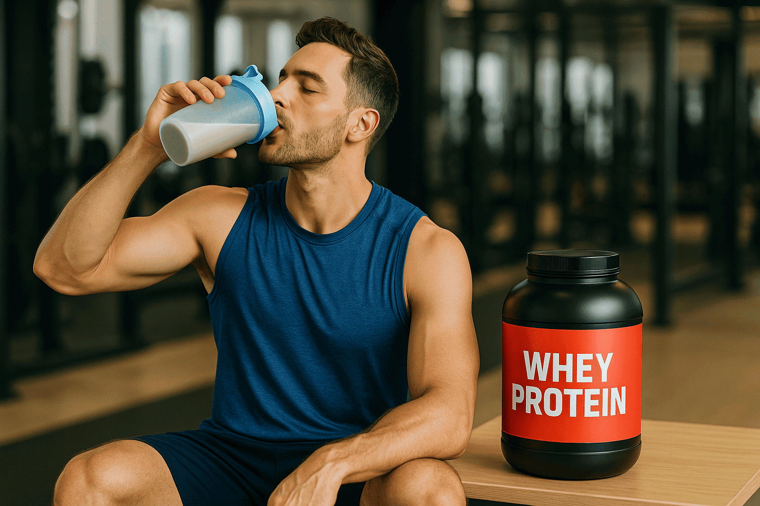 Homem bebendo whey protein - usado post produto