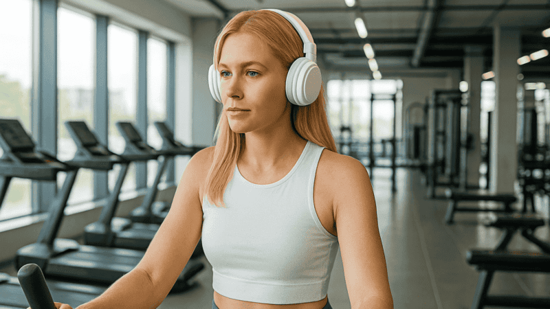 Loja Produto Fones de Ouvidos 2 Mulher na academia usando fones de ouvidos