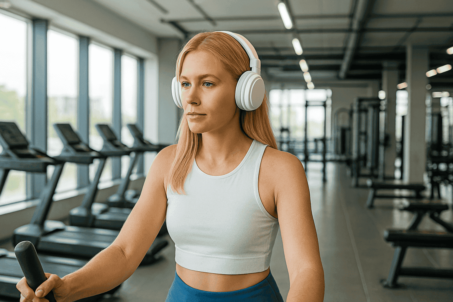 Mulher na academia usando fones de ouvidos