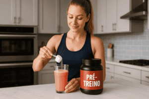 Mulher preparando pre-treino - usada post produto