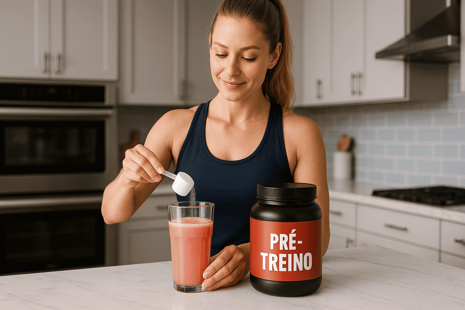 Mulher preparando pre-treino - usada post produto