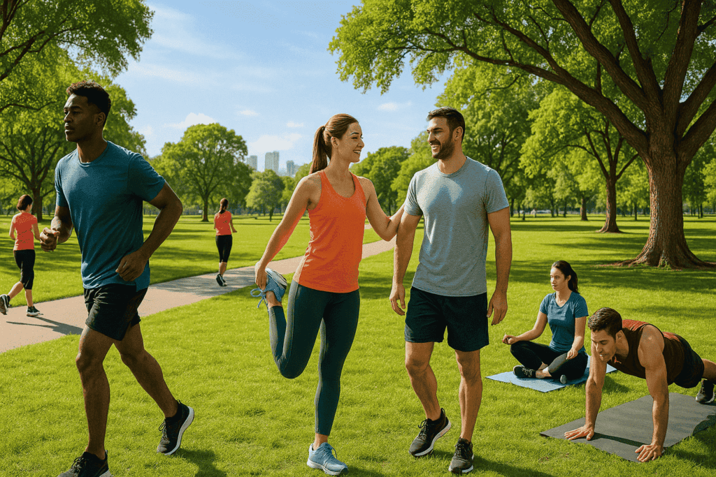 Pessoas praticando esporte no parque